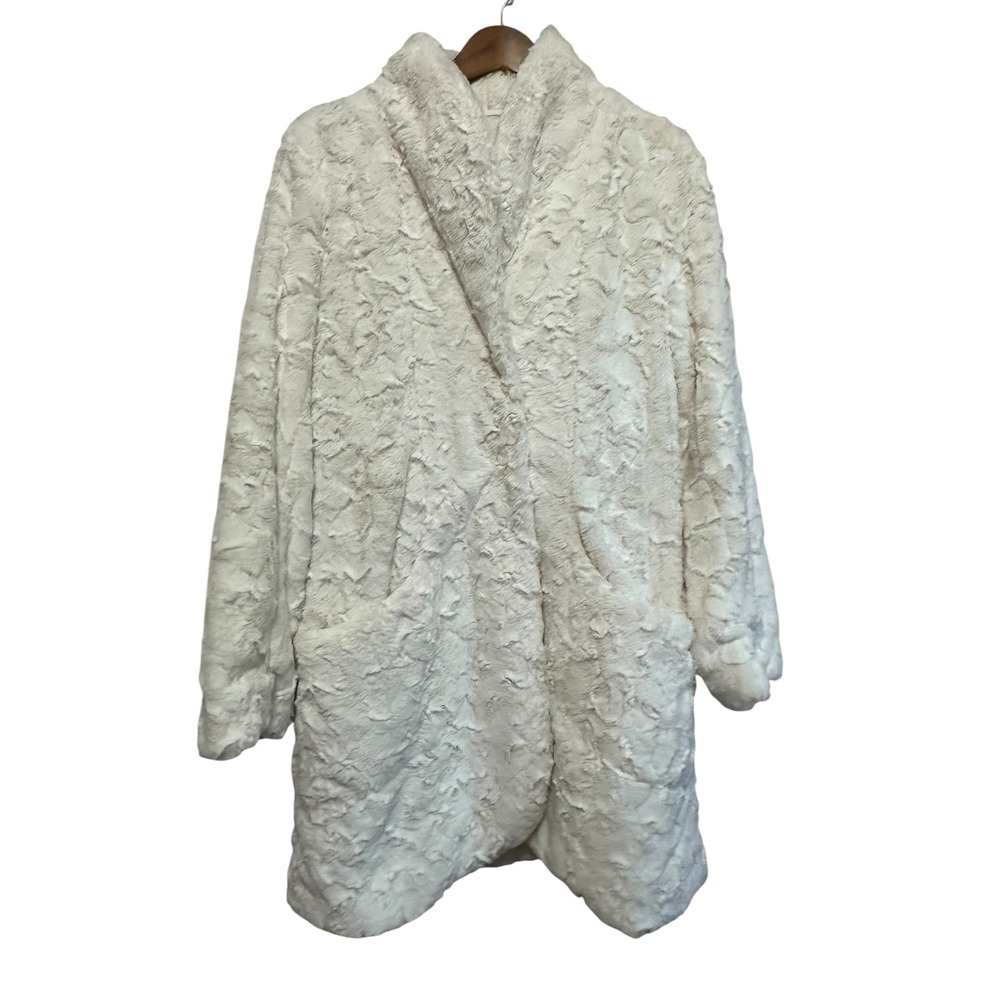 Karen Kane Cream Faux Fur Coat Jacket Open Front‎ Pockets L Large
